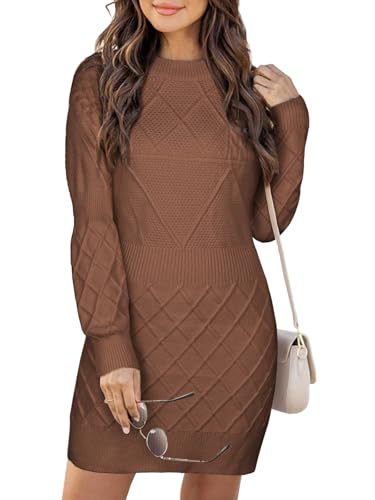 Theenkoln Strickkleid Damen Elegant Langarm Casual Pulloverkleid Herbstkleid Rundhals Mini Winterkleid Frühlingskleid Braun M von Theenkoln