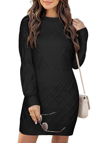 Theenkoln Strickkleid Damen Winterkleid Elegant Pulloverkleid Rundhals Strickpullover Kleid Pullikleid Sweater Minikleid Schwarz S von Theenkoln
