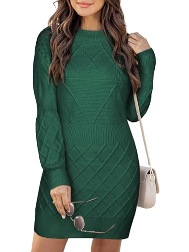 Theenkoln Winterkleid Damen Pulloverkleid Elegant Strickkleid Rundhals Pullikleid A-Linie Minikleid für Herbst Winter Frühling Dunkelgrün S von Theenkoln