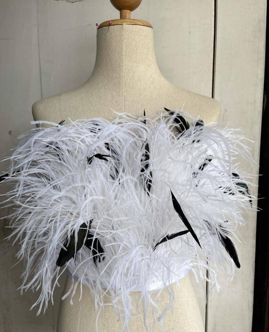 Weiße Straußenfeder Crop Top, Feder-Mix Swan Plumes, Ballkleid, Halloween-Partykleid, Plus Größe Kleidung Auf Bestellung Gefertigt, Cocktailkleid von TheideaCrafts