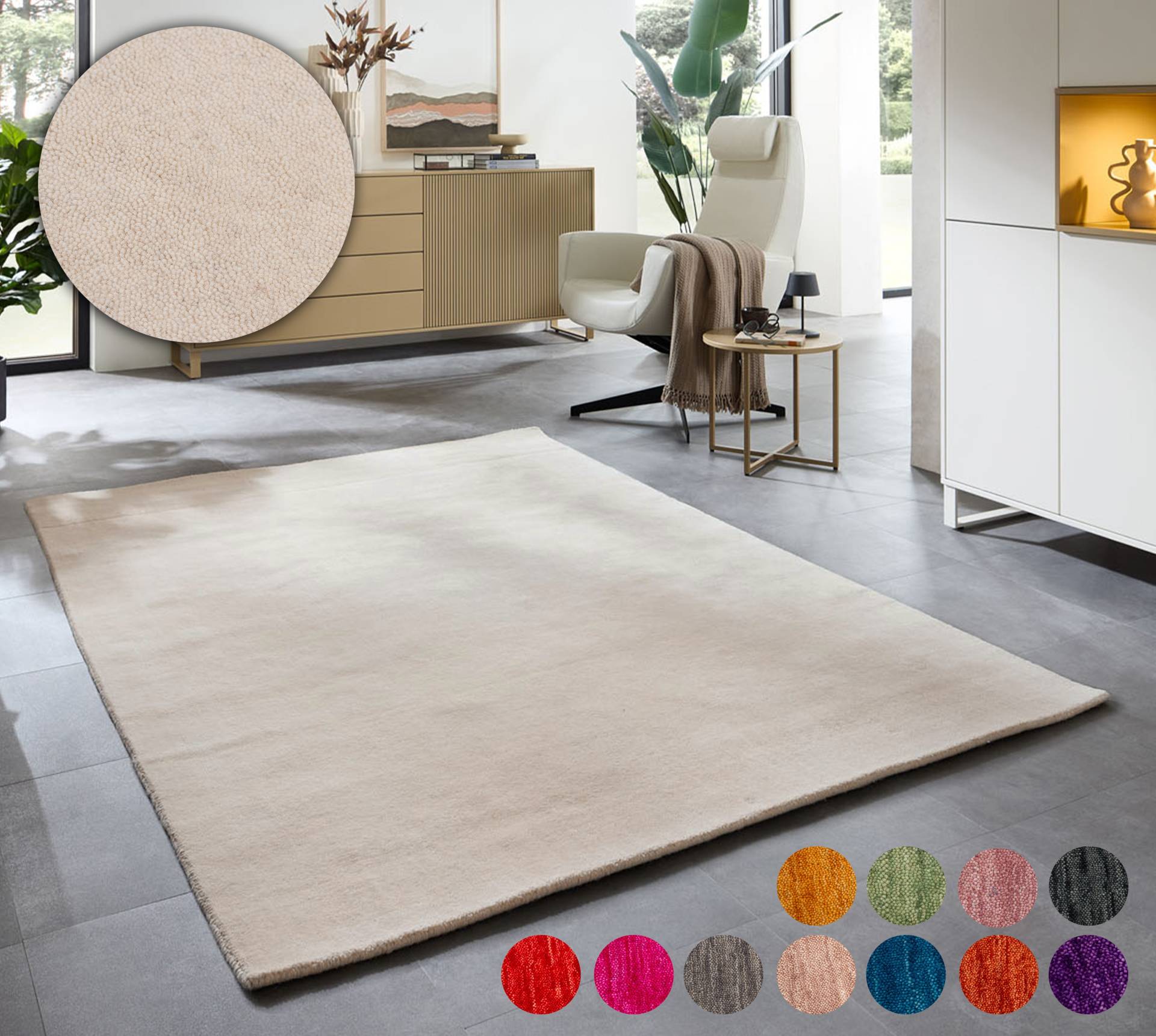 THEKO Wollteppich "Holi", rechteckig, 13 mm Höhe, Uni-Farben, leicht meliert, reine Wolle, handgewebt mit Knüpfoptik von Theko