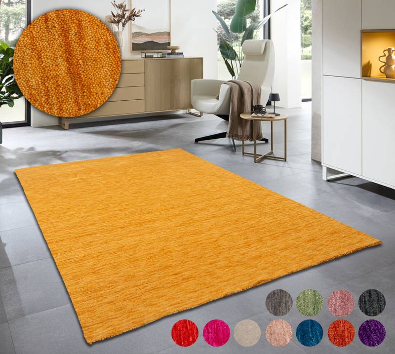 THEKO Wollteppich "Holi" rechteckig 13 mm Höhe Uni-Farben, leicht meliert, reine Wolle, handgewebt mit Knüpfoptik von Theko