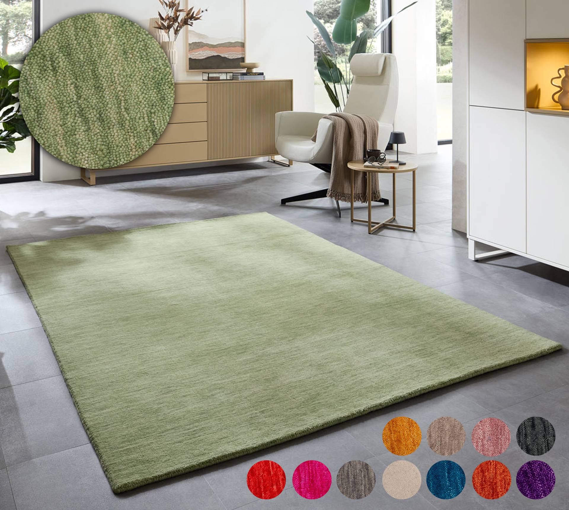 THEKO Wollteppich "Holi" rechteckig 13 mm Höhe Uni-Farben, leicht meliert, reine Wolle, handgewebt mit Knüpfoptik von Theko