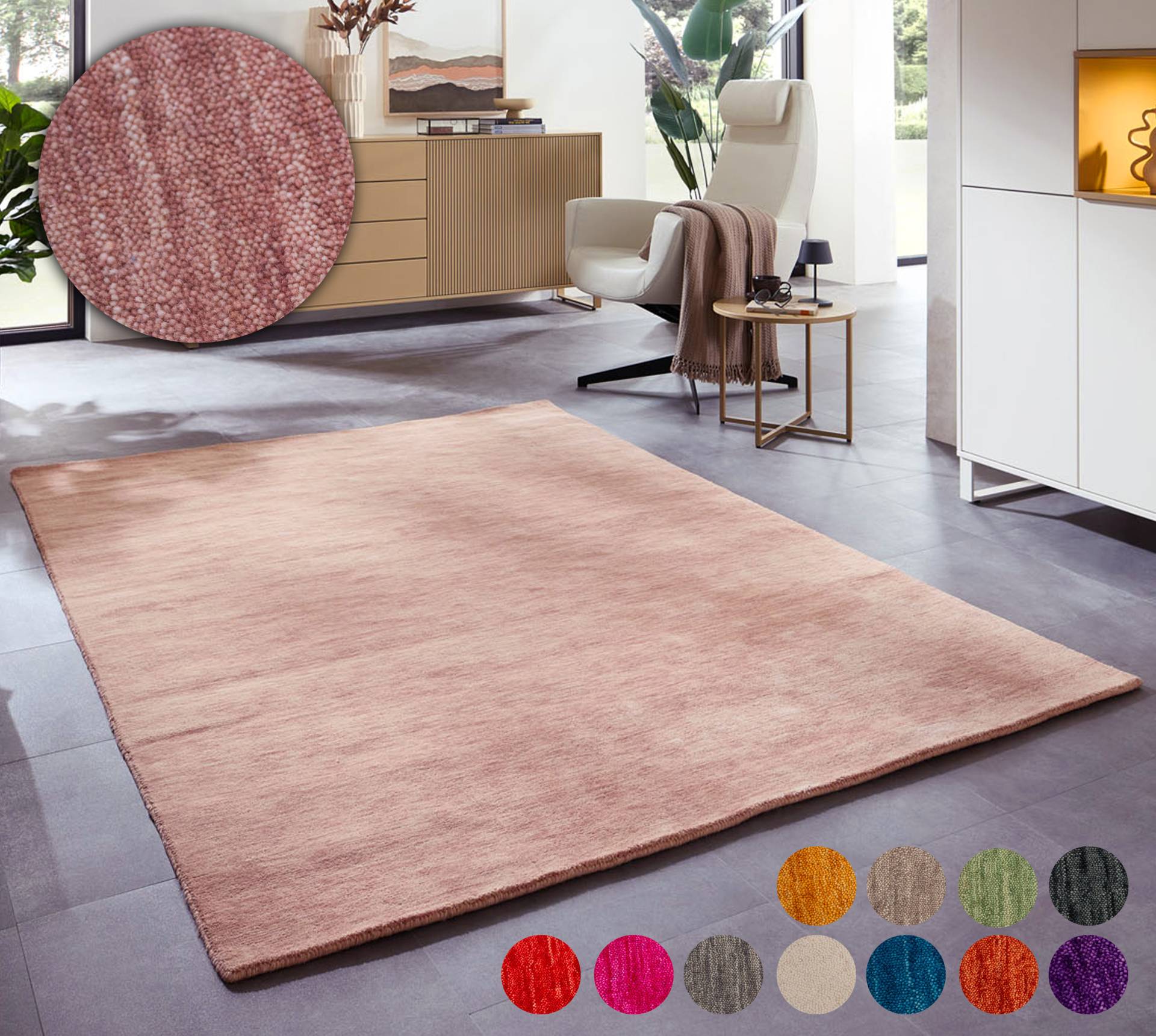 THEKO Wollteppich "Holi" rechteckig 13 mm Höhe Uni-Farben, leicht meliert, reine Wolle, handgewebt mit Knüpfoptik von Theko