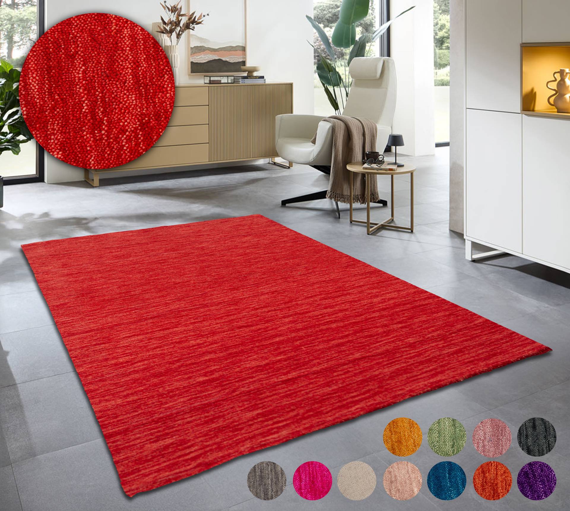 THEKO Wollteppich "Holi" rechteckig 13 mm Höhe Uni-Farben, leicht meliert, reine Wolle, handgewebt mit Knüpfoptik von Theko