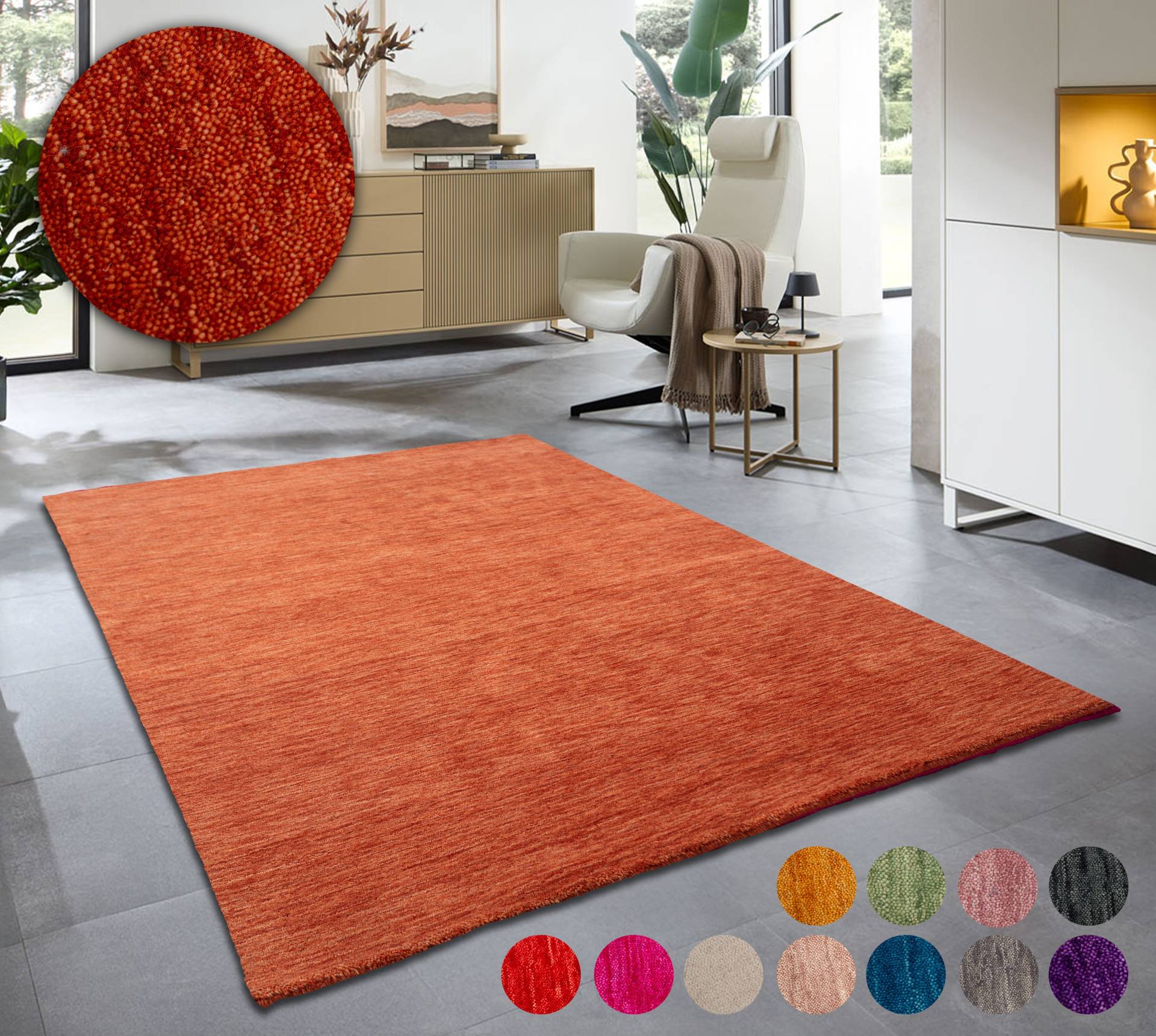 THEKO Wollteppich "Holi" rechteckig 13 mm Höhe Uni-Farben, leicht meliert, reine Wolle, handgewebt mit Knüpfoptik von Theko