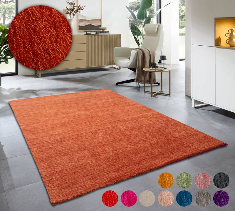 THEKO Wollteppich "Holi" rechteckig 13 mm Höhe Uni-Farben, leicht meliert, reine Wolle, handgewebt mit Knüpfoptik von Theko