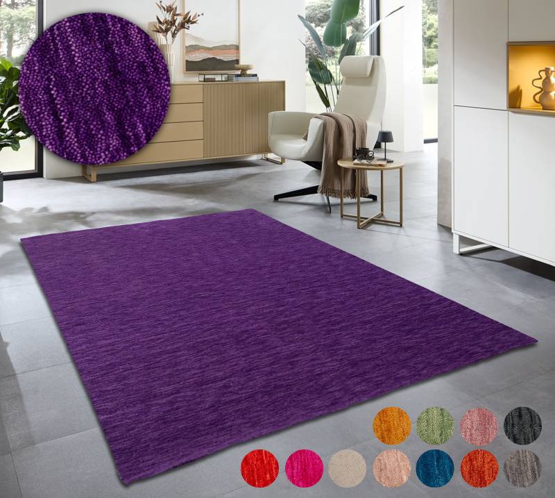 THEKO Wollteppich "Holi" rechteckig 13 mm Höhe Uni-Farben, leicht meliert, reine Wolle, handgewebt mit Knüpfoptik von Theko