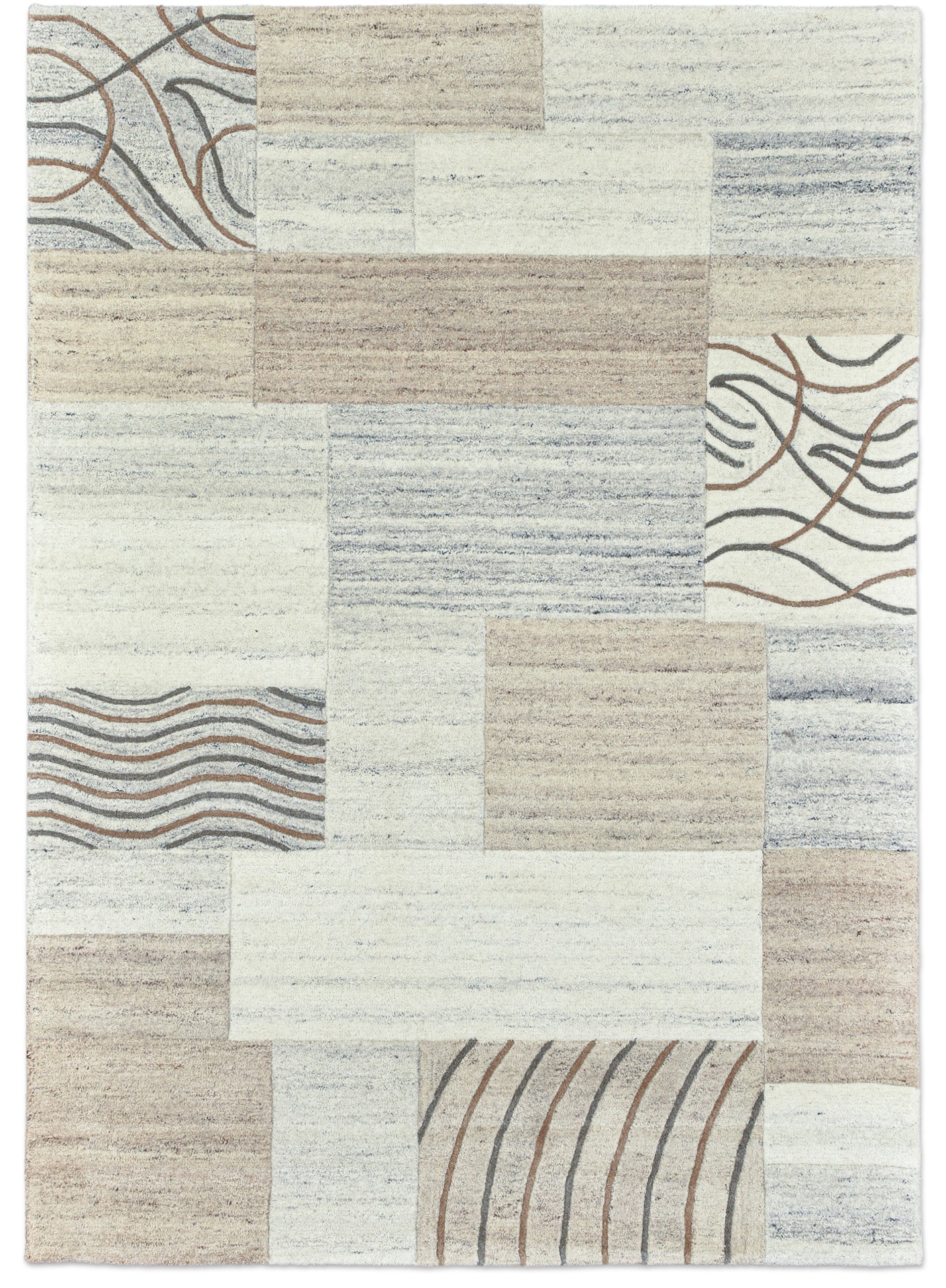 THEKO Wollteppich "Royal Natur 4028" rechteckig 14 mm Höhe reine Wolle, handgetuftet, Naturtöne, Patchworkdesign, meliert von Theko