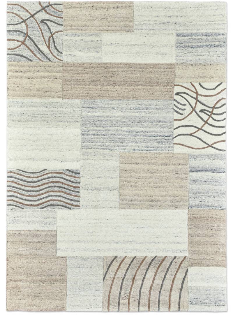 THEKO Wollteppich "Royal Natur 4028" rechteckig 14 mm Höhe reine Wolle, handgetuftet, Naturtöne, Patchworkdesign, meliert von Theko