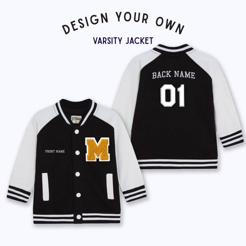 Personalisierte Baby Sweatshirt Varsity Jacke Schwarz/Weiss von Thelettermanco