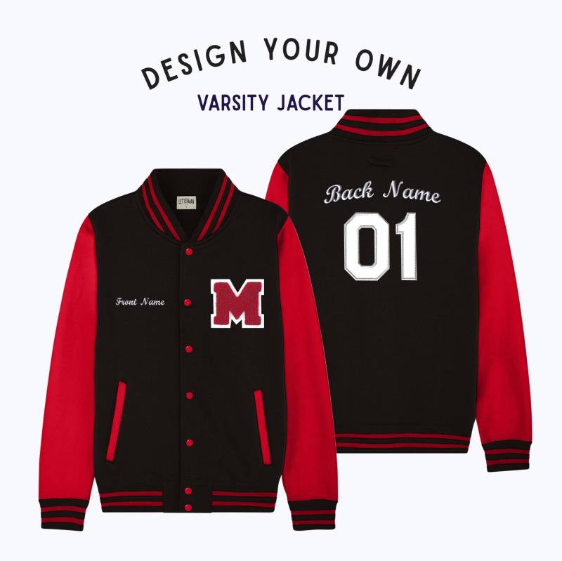 Personalisierte Erwachsene Sweatshirt Varsity Jacke Black/Red von Thelettermanco