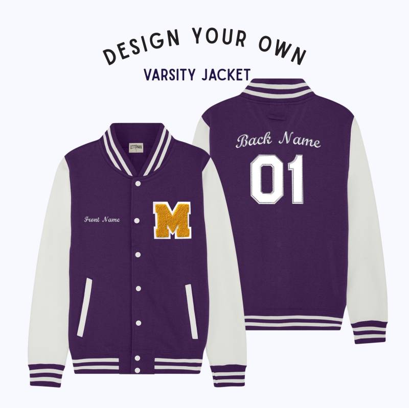 Personalisierte Erwachsene Sweatshirt Varsity Jacke Lila/Weiss von Thelettermanco
