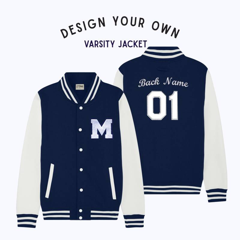 Personalisierte Erwachsene Sweatshirt Varsity Jacke Navy/Weiss von Thelettermanco