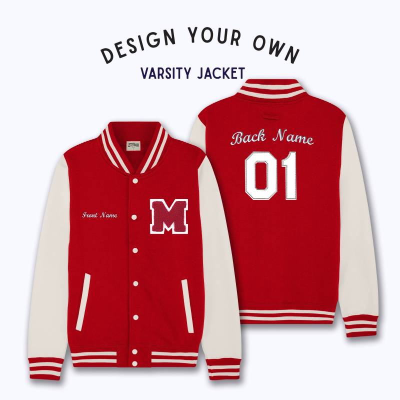 Personalisierte Erwachsene Sweatshirt Varsity Jacke Rot/Weiss von Thelettermanco