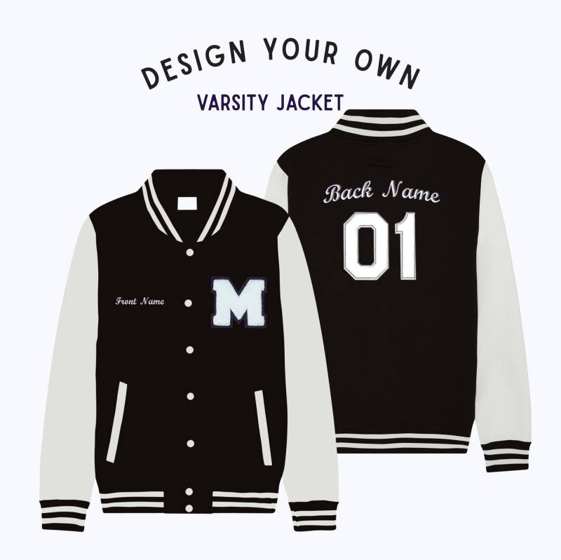 Personalisierte Erwachsene Sweatshirt Varsity Jacke Schwarz/Weiss von Thelettermanco