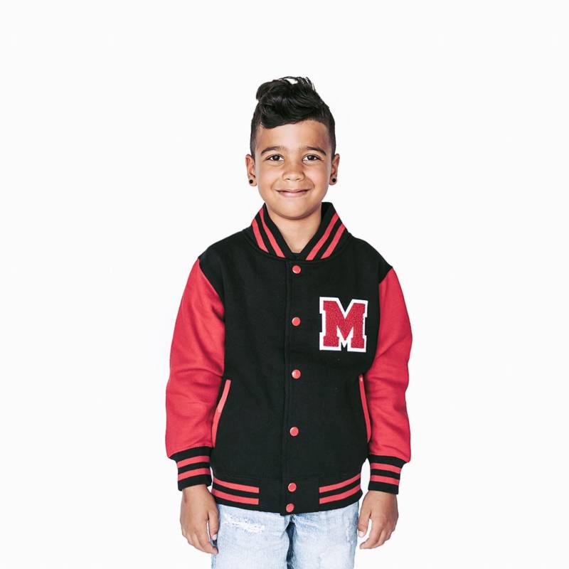 Personalisierte Kinder Sweatshirt Varsity Jacke Black/Red von Thelettermanco