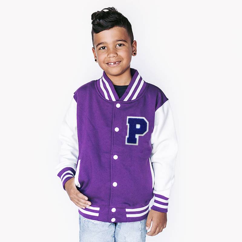 Personalisierte Kinder Sweatshirt Varsity Jacke Lila/Weiss von Thelettermanco