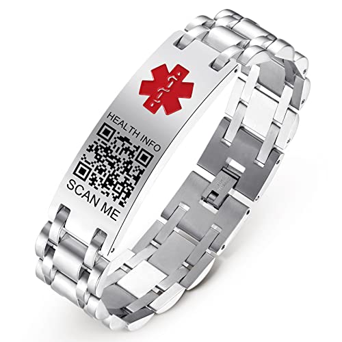 THELUCKYTAG Medizinische Armbänder Männer Frauen mit QR Code Medizinische Alert ID Armbänder Titanstahl Armband Passt Handgelenk Up 8''-10'' Mehr Raum Benutzerdefinierte Notfall medizinische ID Info von Theluckytag