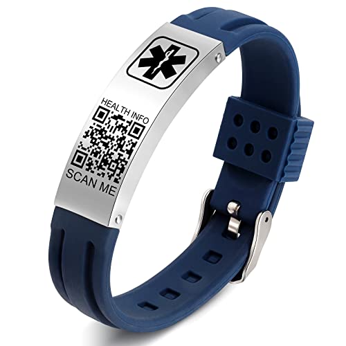 Theluckytag Medizinische Armbänder Männer Frauen mit QR Code Alert ID Armbänder Silikon wasserdichtes Armband passt Handgelenke bis 9'''mehr Raum Benutzerdefinierte Notfall medizinische ID Alert Info von Theluckytag