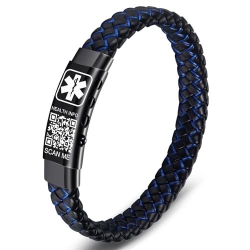 Theluckytag Verbessertes medizinisches Armband für Herren mit QR-Code, medizinische Notfall-ID-Armbänder – 17,8 cm – 20,3 cm, gewebtes Vintage-Lederarmband, Edelstahl-Schnalle, mehr Platz sparen, von Theluckytag