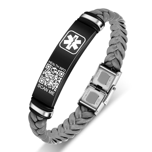 Theluckytag Verbessertes medizinisches Armband für Herren mit QR-Code, medizinische Notfall-ID-Armbänder – 17,8 cm – 20,3 cm, gewebtes Vintage-Lederarmband, Edelstahl-Schnalle, mehr Platz sparen, von Theluckytag