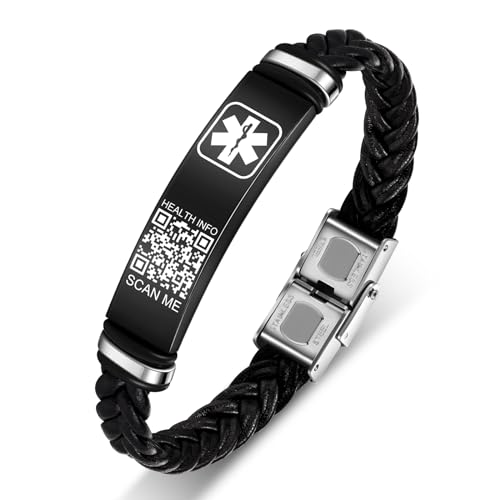 Theluckytag Verbessertes medizinisches Armband für Herren mit QR-Code, medizinische Notfall-ID-Armbänder – 17,8 cm – 20,3 cm, gewebtes Vintage-Lederarmband, Edelstahl-Schnalle, mehr Platz sparen, von Theluckytag