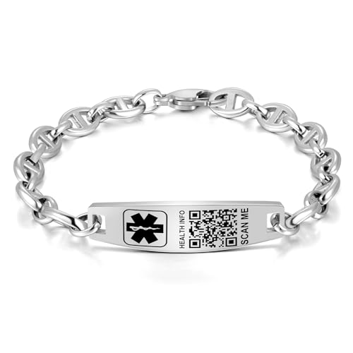 Theluckytag Verbessertes medizinisches Charm-Armband mit QR-Code für Damen und Herren, mit Sterlingsilber beschichtete Kette, 17,8 - 22,9 cm – mehr Platz, individuelle Notfall-ID-Info, One Size, von Theluckytag