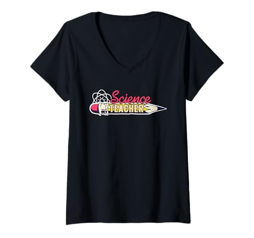 Damen Stilvoller Wissenschaftslehrer mit Bleistift und Helm T-Shirt mit V-Ausschnitt Damen Stilvoller Wissenschaftslehrer mit Bleistift und Helm T-Shirt mit V-Ausschnitt von Thema Schule und Astronomie für Lehrer