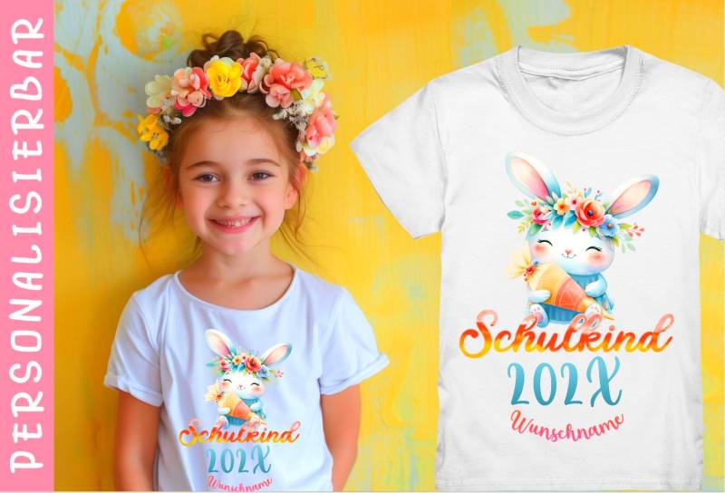 Einschulung 2025 Schulstart Kinder T-Shirt Boho Hase Blumen Erstklässler Schulkind Kita Abschied Kindergarten Geschenk Personalisiert Shirt von ThembaUndThando