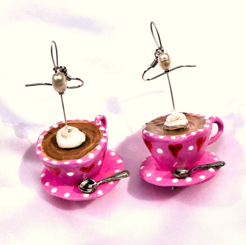 Ohrschmuck Heiße Schokolade, Unikat Modellierte Tassen Mit Kakao Und Sahnehäubchen Handbemalt von TheobaldSchmuck