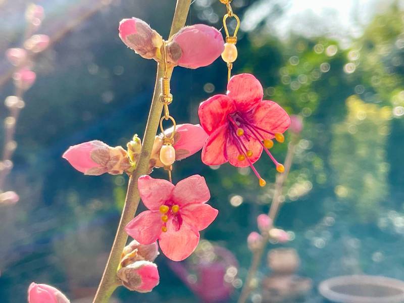 Ohrschmuck Pfirsichblüten Unikat Hängeohrringe Modellierte Naturinspiriert Frühlingstraum Handbemalt Süßwasserperlen von TheobaldSchmuck