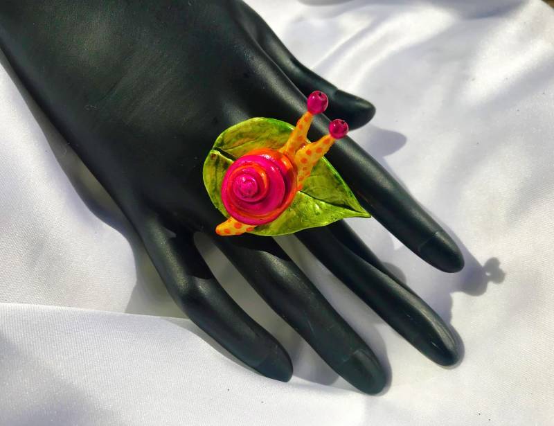 Ring Schnecke Mit Blatt Unikat Modellierte Und Natur Tier Garten Handbemalt von TheobaldSchmuck