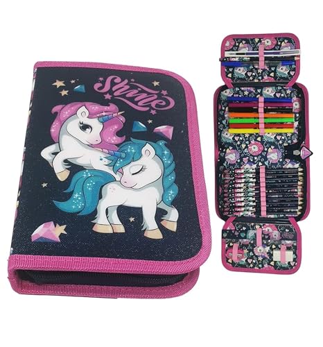 Theonoi Pferd Federmäppchen Federtasche Federmappe Mäppchen Etui 2 Fach Doppeldecker Schüleretui Stifteetui GEFÜLLT Geschenk für Mädchen (Einhorn Unicorn) von Theonoi