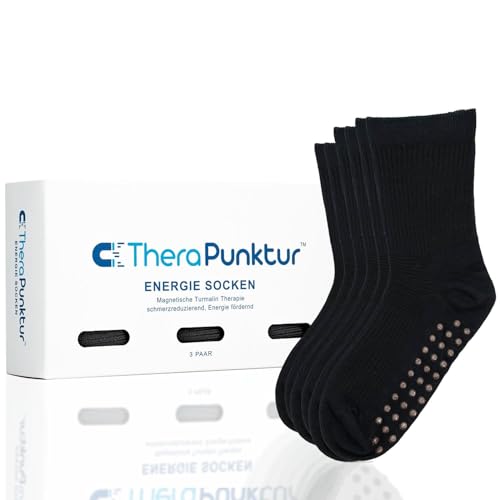 TheraPunktur Energie Socken, Yoga Socken, Anti-Rutsch-Socken (3 Paar), für Damen & Herren, 124 Erdende Turmalin Massage Noppen, 100% Natürliche Bambusfaser, Pilates, Krankenhaus, Reha, 35-44, Schwarz von TheraPunktur