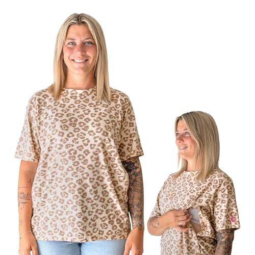 Soulmum Stillshirt kurzarm – Atmungsaktives stillfreundlich aus Bambusjersey – Reißverschluss Stillöffnung – Schwangerschaft & Stillzeit – Umstandsmode, Stilltop & Stilloberteil (Leo Größe: L) von Theraline