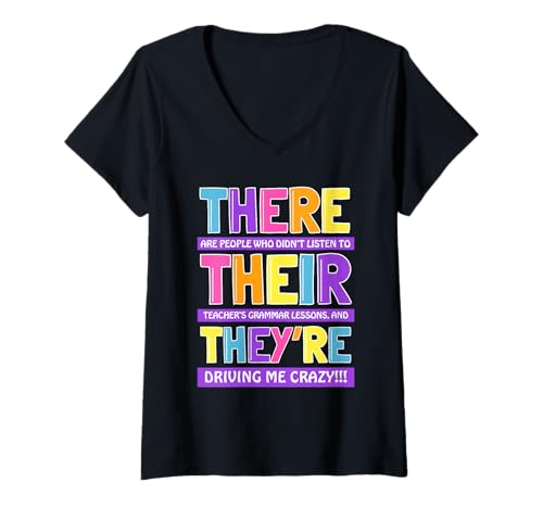 Damen Lustiges Englischlehrer-Design mit Aufschrift There Their They're Grammar T-Shirt mit V-Ausschnitt von Therapy Designs