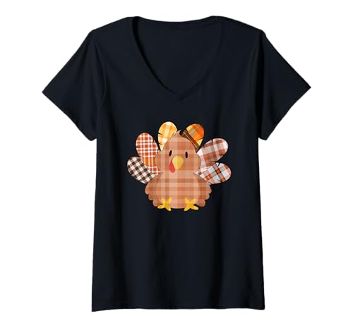 Damen Niedliches Herbstkaro Thanksgiving Truthahn T-Shirt mit V-Ausschnitt von Therapy Designs