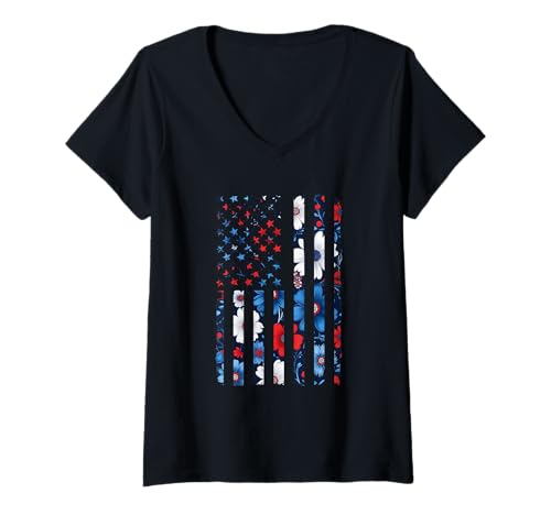 Damen Vintage-T-Shirt mit roten, weißen und blauen Blumen, amerikanische Flagge T-Shirt mit V-Ausschnitt Damen Vintage-T-Shirt mit roten, weißen und blauen Blumen, amerikanische Flagge T-Shirt mit V-Ausschnitt von Therapy Designs