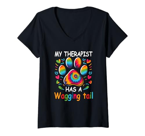 Damen Lustiger Therapiedienst Hund My Therapist Has A Wagging Tail T-Shirt mit V-Ausschnitt Damen Lustiger Therapiedienst Hund My Therapist Has A Wagging Tail T-Shirt mit V-Ausschnitt von Therapy Service Dog My Therapist Has A Wagging