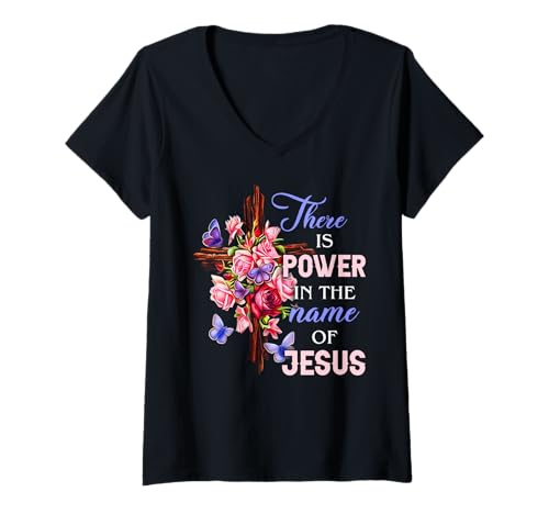 Damen Im Namen Jesu steckt Macht T-Shirt mit V-Ausschnitt von There is Power in the Name of Jesus