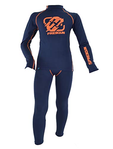 Thermo Freegun Thermounterwäsche Funktionsunterwäsche Jungen Skiunterwäsche Winter Atmungsaktiv Lange Unterwäsche Set Thermowäsche Unterhemd + Unterhose Eishockey (Dunkelblau/orange, 10/12) von Thermo