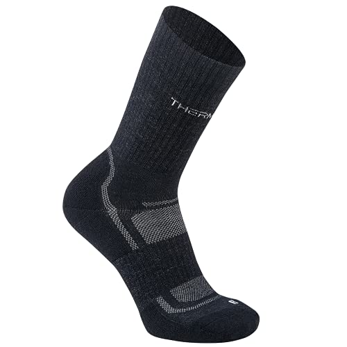 Thermowave Discover Merino Wolle Wandersocken Herren Damen - Merino Socken Wandern - Hochleistungssocken feuchtigkeitsableitende Socken - Dehnbare warme Socken Unisex - Schwarz/Grau, L (44-47) von Thermowave