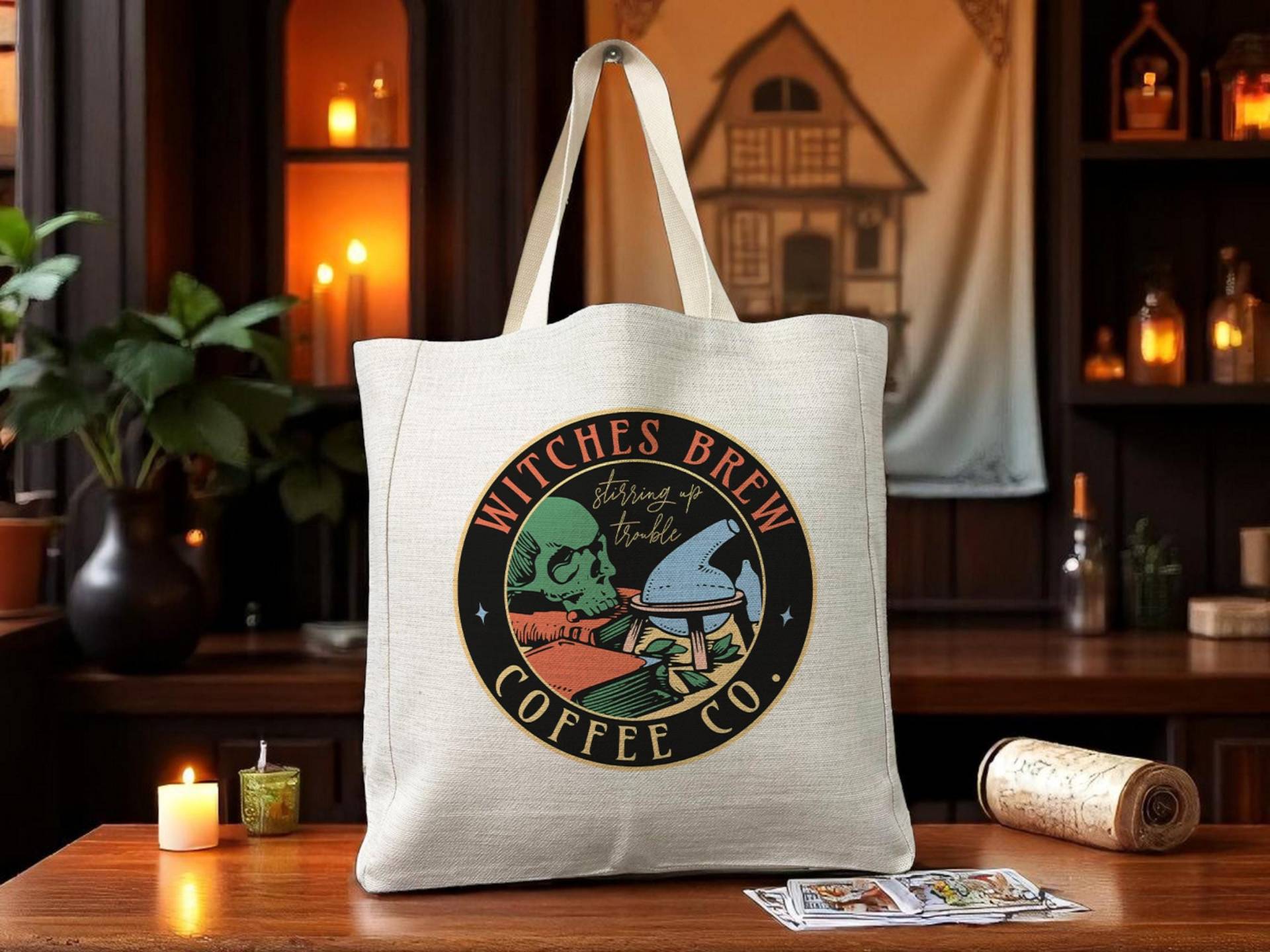 Witches Brass Coffee Co Wiederverwendbare Einkaufstasche Im Leinenlook - Umweltfreundliche Witchy-Lebensmittelgeschäfttasche Witches Brass Coffee Co Wiederverwendbare Einkaufstasche Im Leinenlook - Umweltfreundliche Witchy-Lebensmittelgeschäfttasche von TheseTotesRock