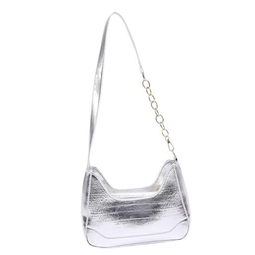 Modische Unterarm-Umhängetasche aus PU-Leder für Damen, mit Kettenriemen, lässig, einfarbig, Handtasche, Geldbörse mit Reißverschluss aus PU-Leder, silber, One Size Modische Unterarm-Umhängetasche aus PU-Leder für Damen, mit Kettenriemen, lässig, einfarbig, Handtasche, Geldbörse mit Reißverschluss aus PU-Leder, silber, One Size von Thewasc
