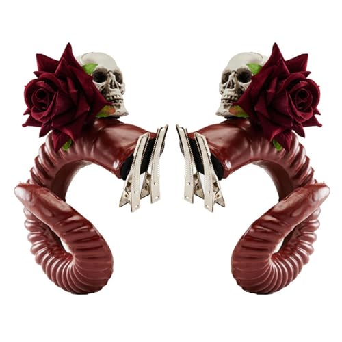 Punk-Haarspangen aus Ziegenhorn, mit Rosen, Totenkopf, Cosplay, Party, Halloween, Kostüm, Seitenklammer für Erwachsene, Maskeraden, Party-Haarspange von Thewasc