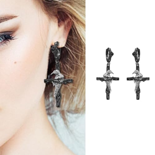 Punkstile Krähe DRUCKEN DROP OHRRINGEN DUNKEL GOTHISCHE OHREN HOLLEN JUDEL Für Frauen Einzigartige Designlegungsmaterialien Robuste Punk Metallkreuze Ohrringe Ohrringe von Thewasc