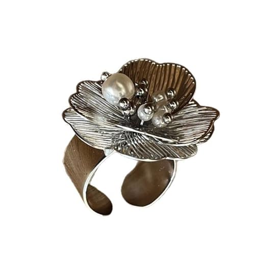 Stilvolle weiße Perlen Blume Statement Ringe für Frauen mit verstellbaren offenen Bändern für Hochzeit und Geburtstag Elegante Damen von Thewasc