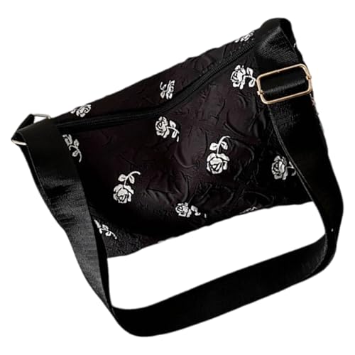 Thewasc Atmungsaktive Baumwoll-Schultertasche mit Blumenmuster, leicht, geräumiges Fach für Pendler, den täglichen Gebrauch, große Kapazität, Crossbody-Tasche, Schwarz , One Size von Thewasc