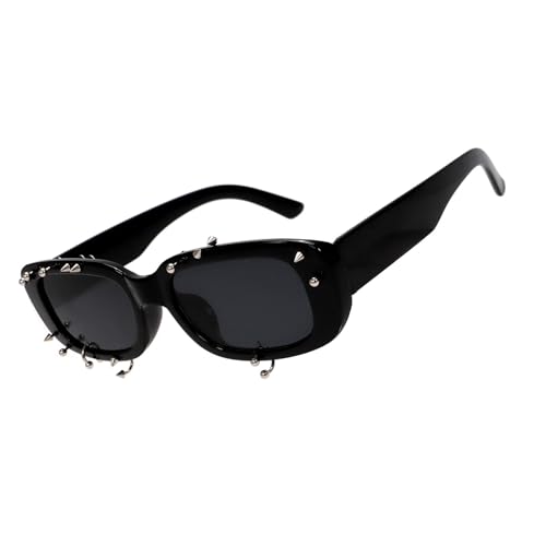 Thewasc Hiphop Nieten-Sonnenbrille mit UV400-Schutz, PC-Linse, modischer Punk-Rahmen für Erwachsene, Unisex, Outdoor-Streetwear, Sonnenschutz, Brille, Schwarzer Rahmen, grauer Kuchen von Thewasc